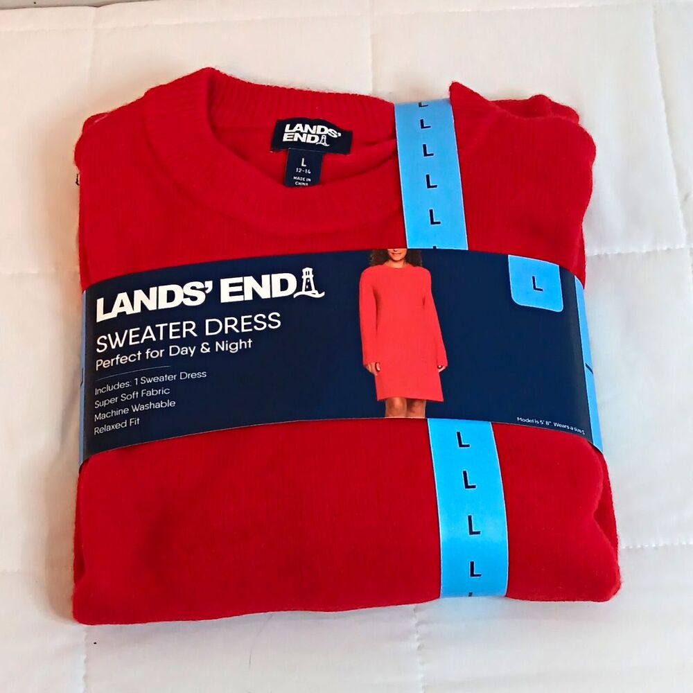 Lands' End Sweater Dress Red Knit Crew Neck Long Sleeve Knee Length Sz Large